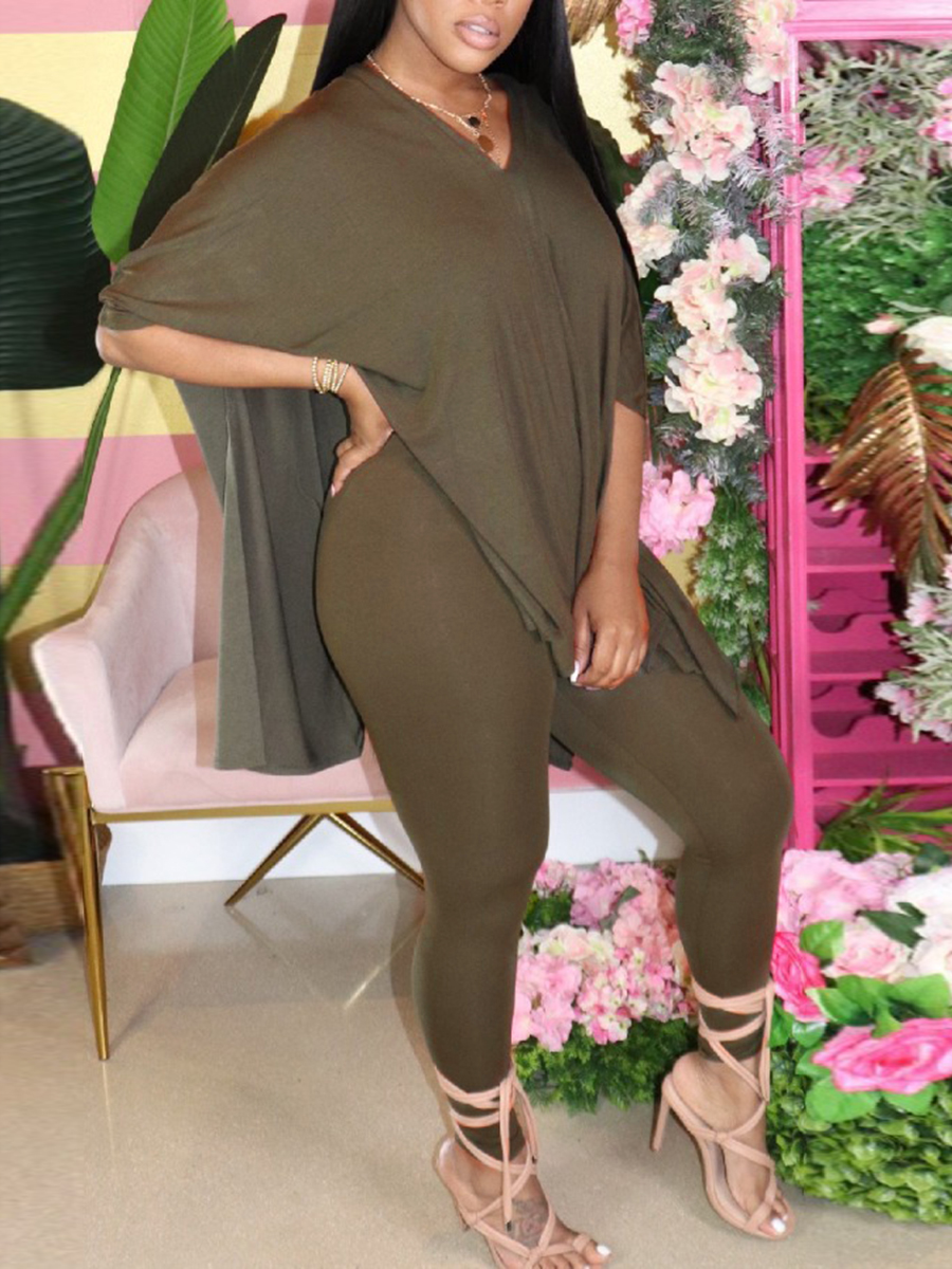 

LW Casual V Neck Side Slit Army Green Two-piece Pants Set