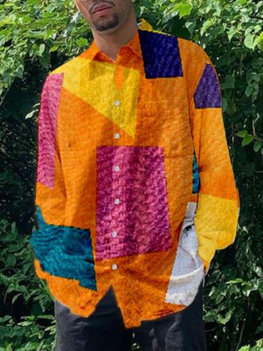 

LW Men Color-lump Patchwork Shirt, Yellow
