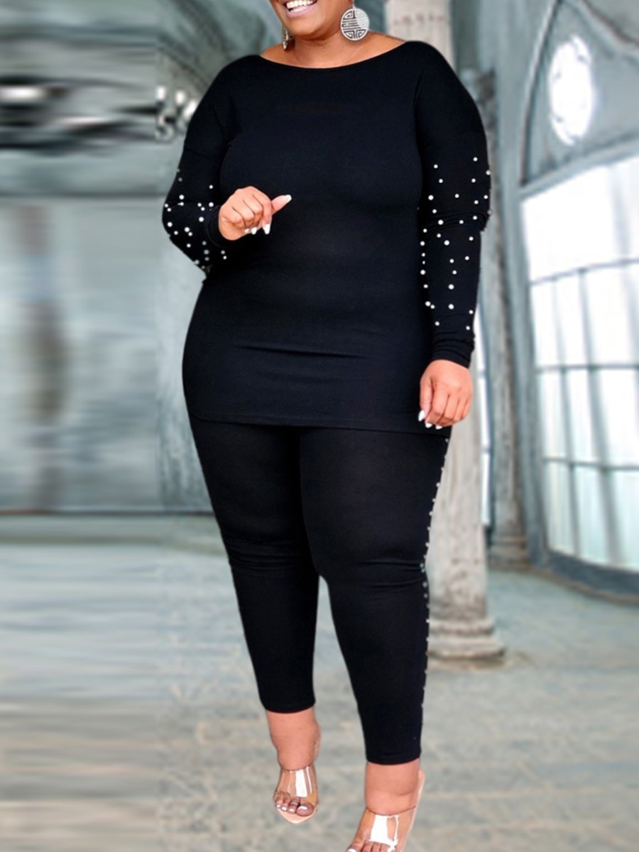 

LW Plus Size Round Neck Pearl Decoration Pants Set, Black