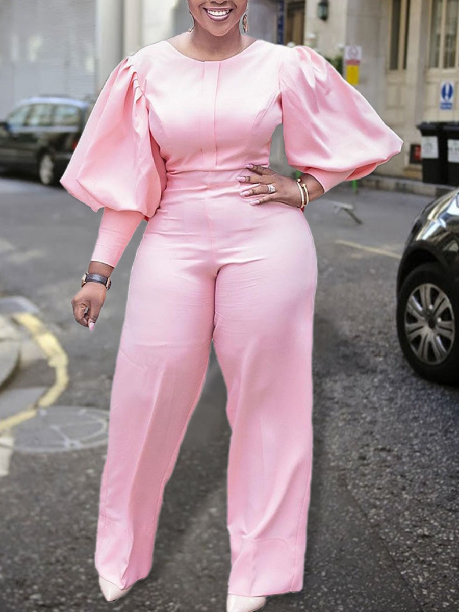 

LW Plus Size Puff Sleeve Wide Leg Jumpsuit, Light pink