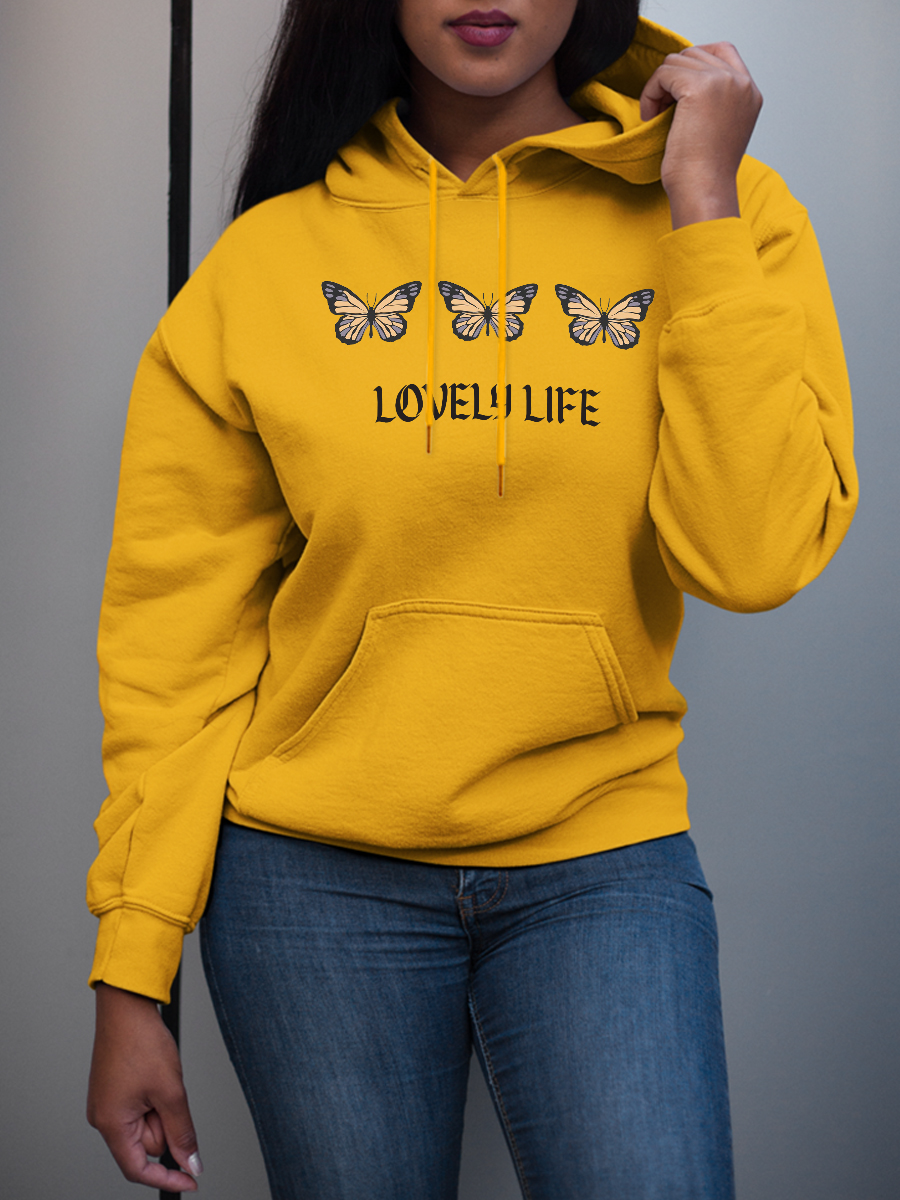 

LW Butterfly Letter Print Hoodie, Yellow