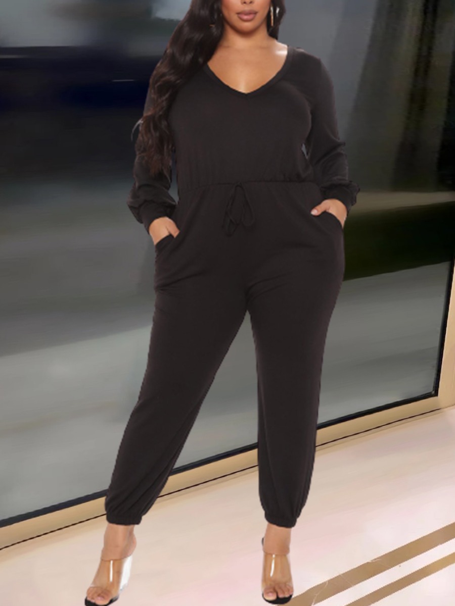 

LW Plus Size Drawstring Split Back Jumpsuit, Black
