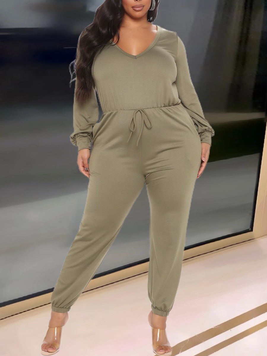 

LW Plus Size Drawstring Split Back Jumpsuit, Army green