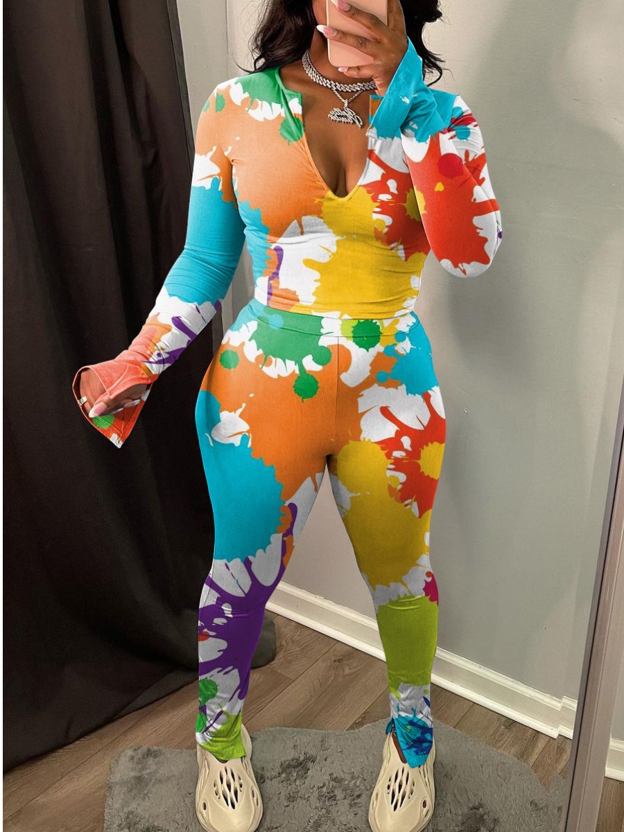 

LW V Neck Tie-dye Pants Set, Multi