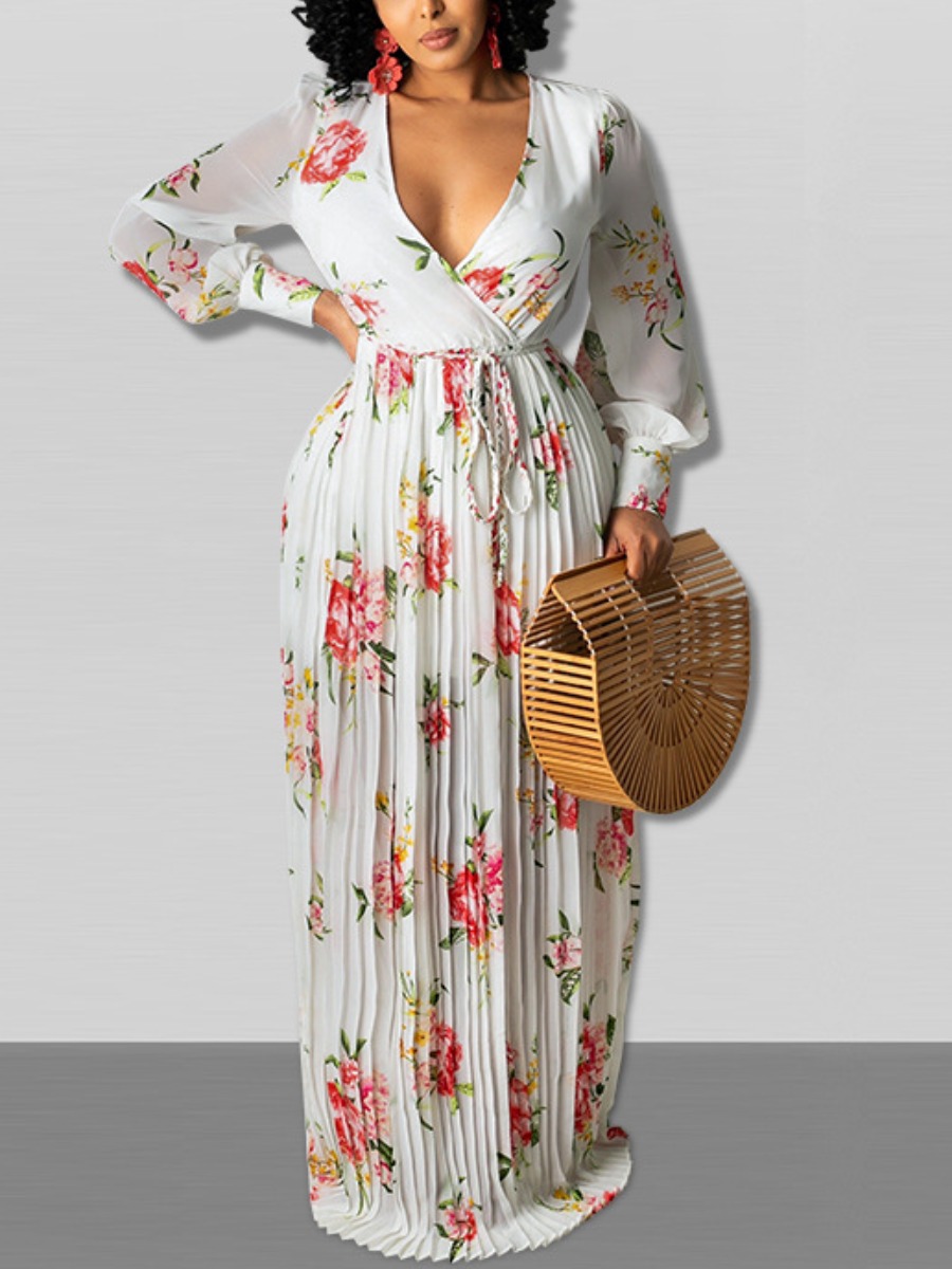 

LW Floral Print Pleated Dress, White