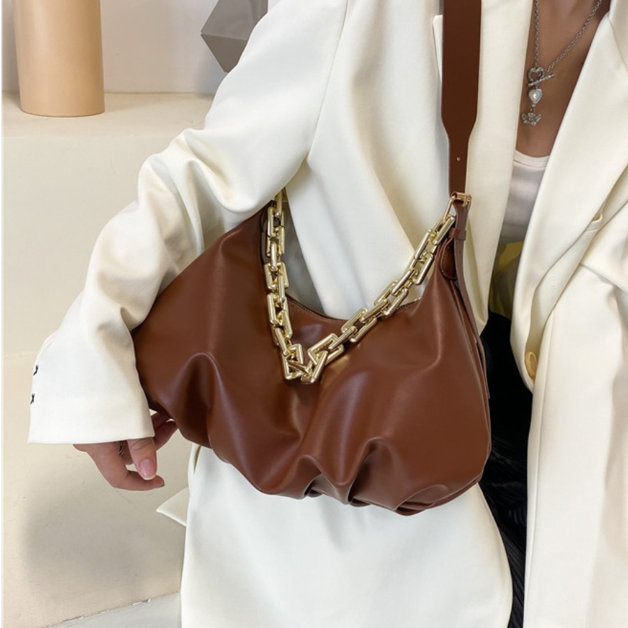 

LW Fold Design Chain Decoration Shoulder Bag, Brown