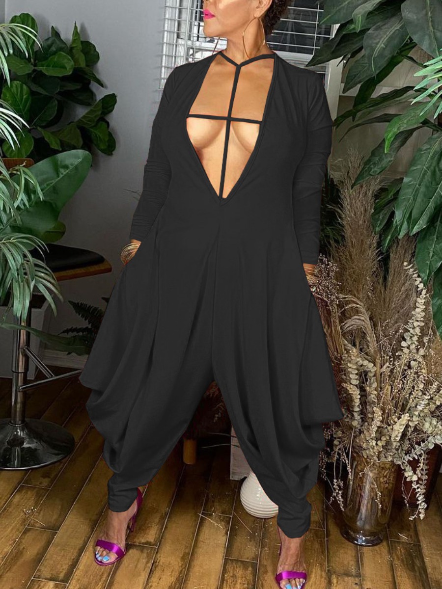 

LW SXY Hollow-out Fold Design Harlan Jumpsuit, Black