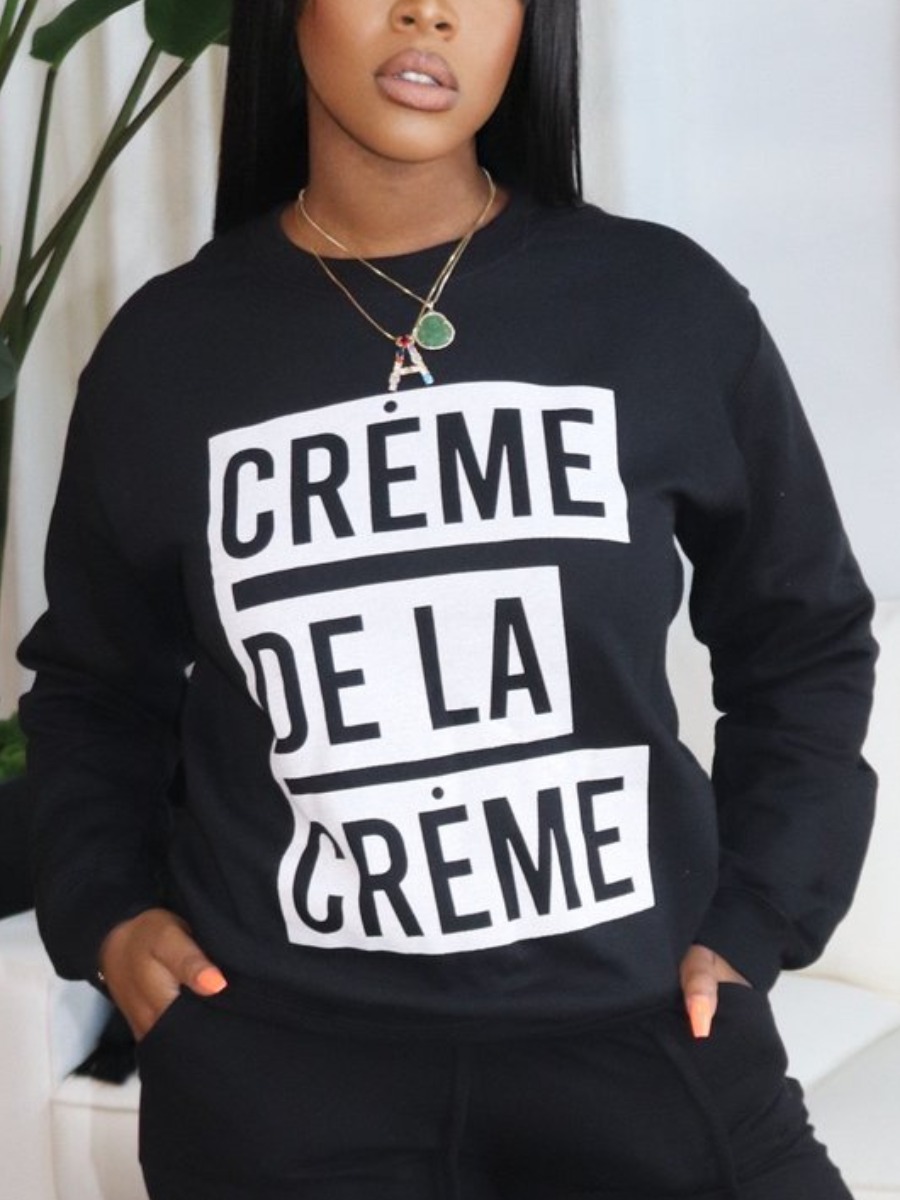 

LW Round Neck Letter Print Sweatshirt, Black