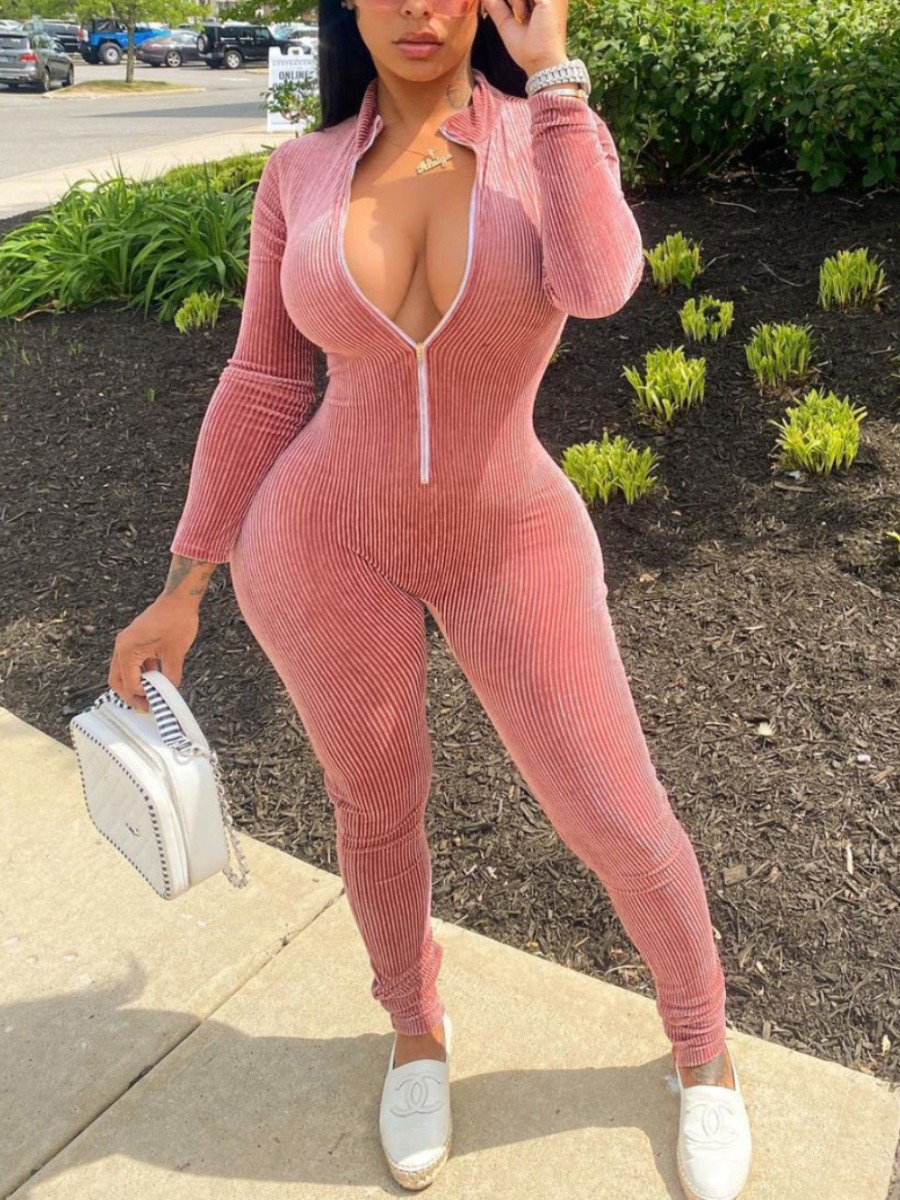 

LW BASICS Zipper Design Skinny Jumpsuit, Pink