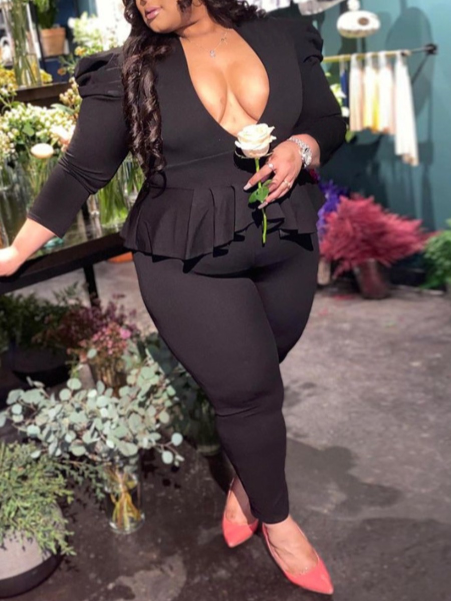 

LW Plus Size Puff Sleeve Flounce Design Pants Set, Black
