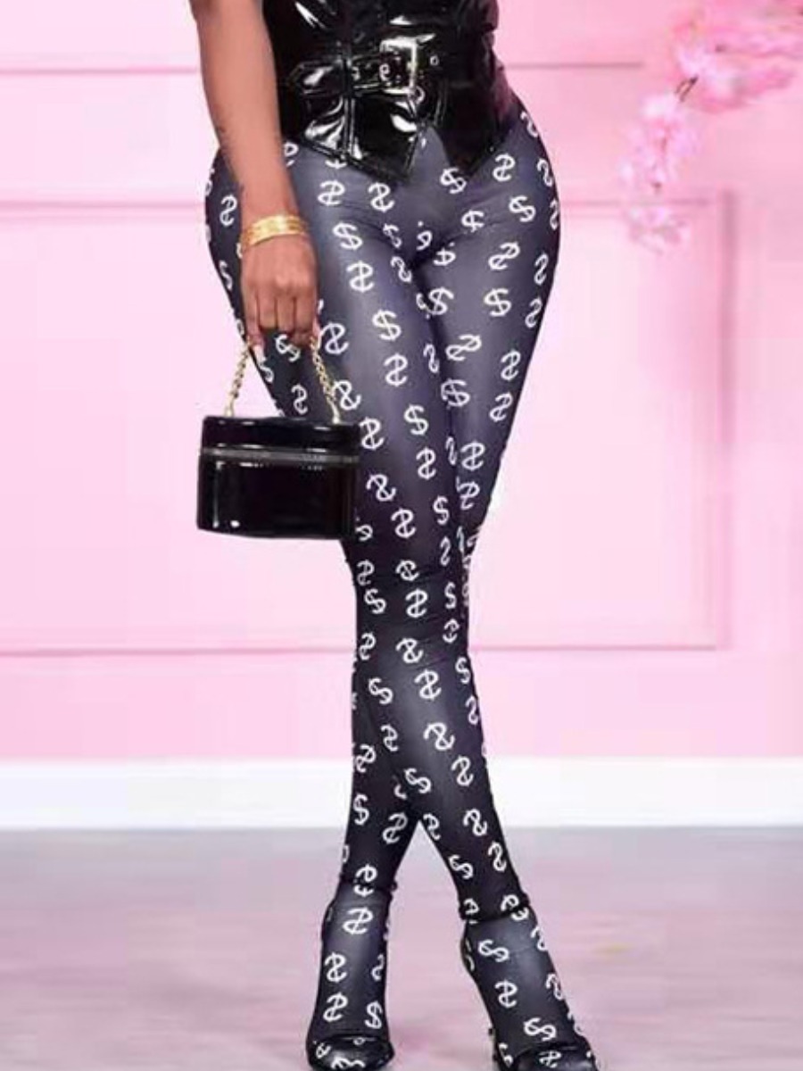 

LW SXY Letter Print Basic Skinny Leggings, Blue