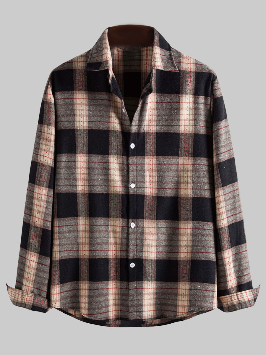 

LW COTTON Men Turndown Collar Plaid Print Shirt, Multi
