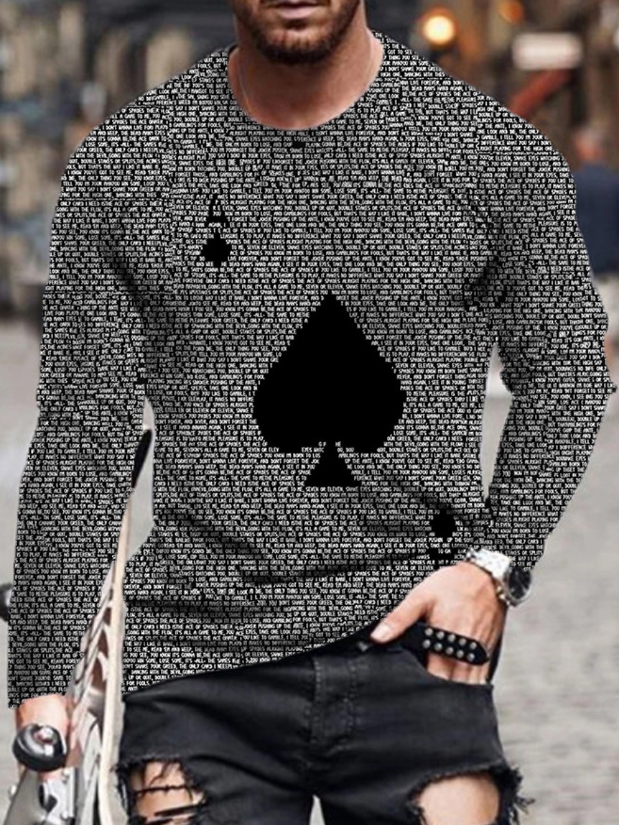 

LW Men Round Neck Poker Print T-shirt, Black