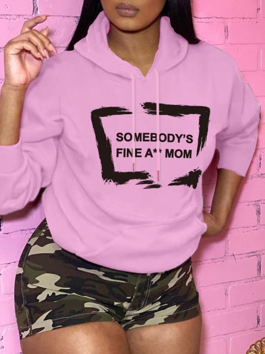

LW Letter Print Kangaroo Pocket Hoodie, Pink