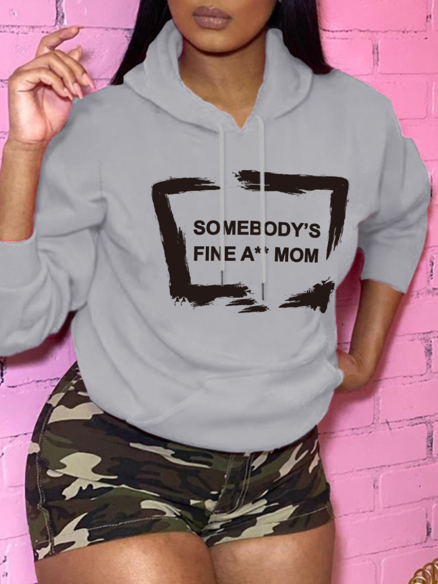 

LW Letter Print Kangaroo Pocket Hoodie, Grey