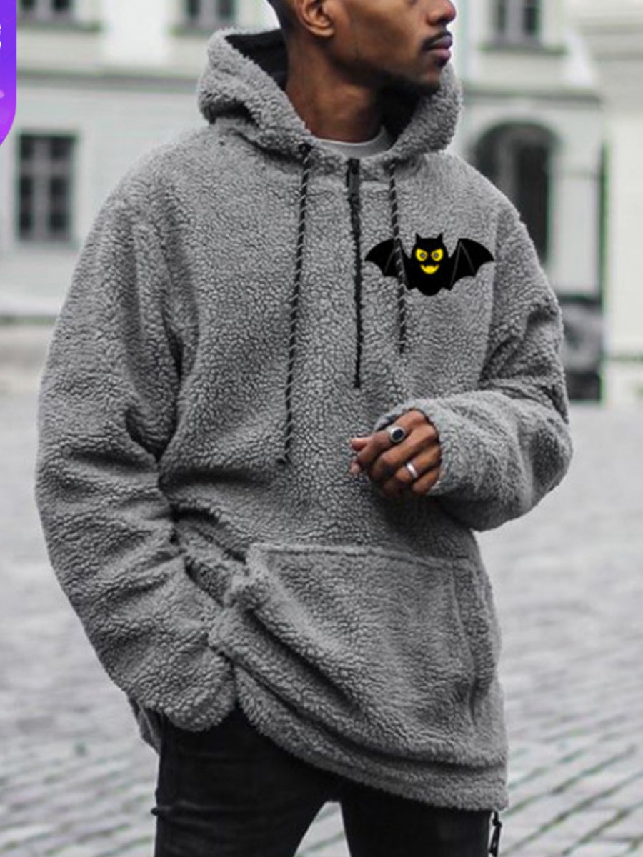 

LW Men Bat Print Plush Hoodie, Grey