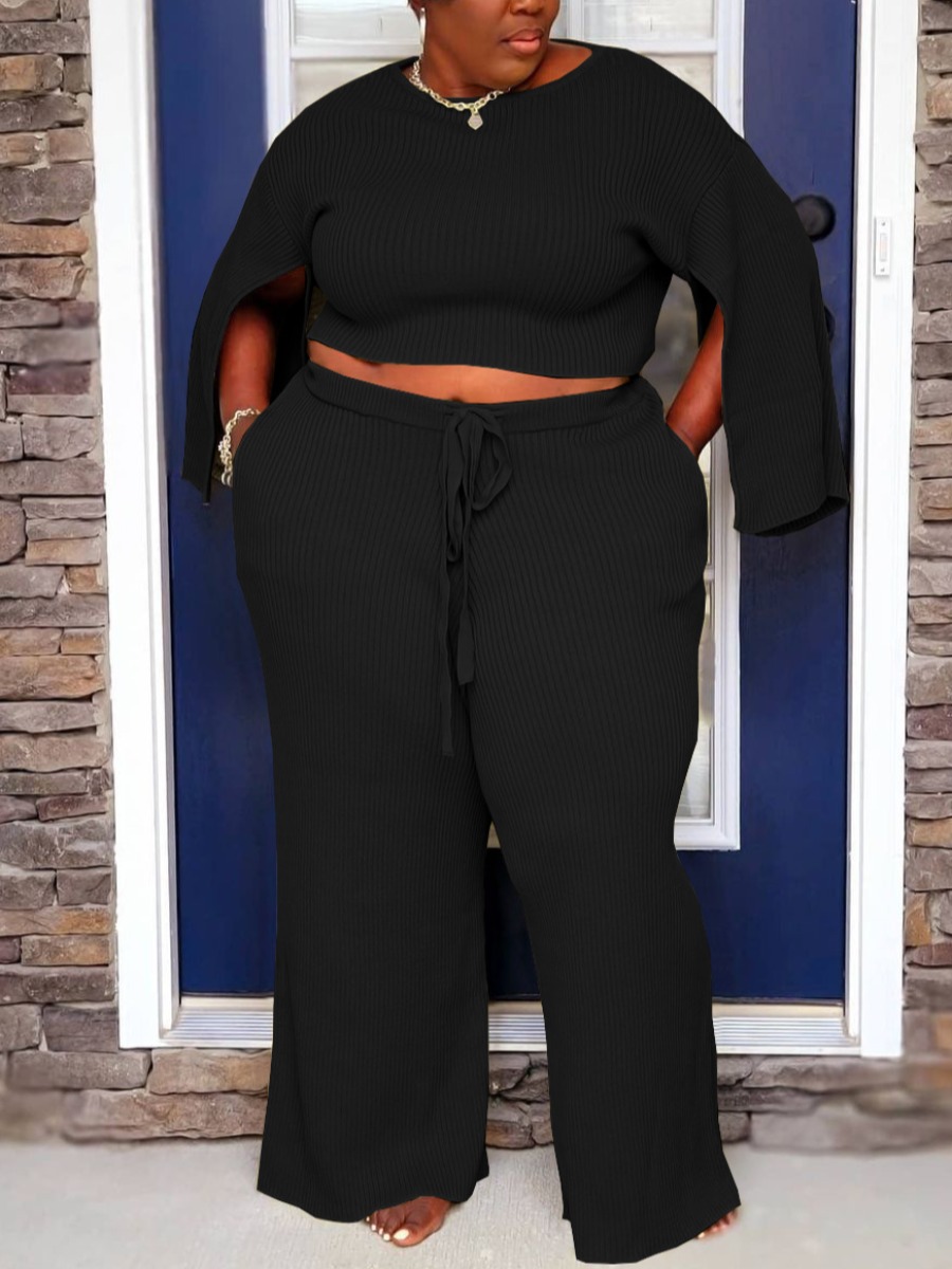 

LW Plus Size Rib-Knit Slit Sleeve Pants Set, Black