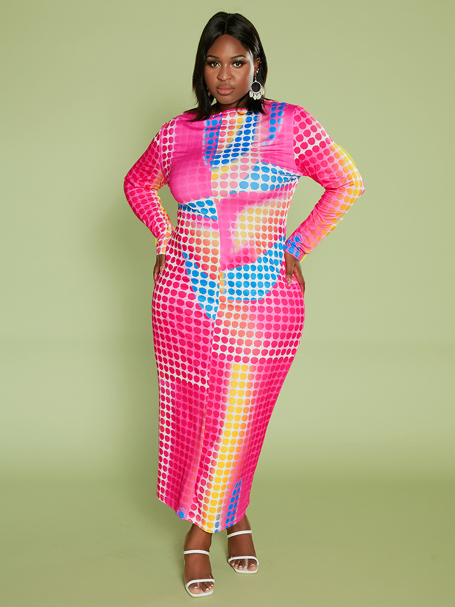 

LW BASICS Plus Size Round Neck Tie-dye Dress, Rose red