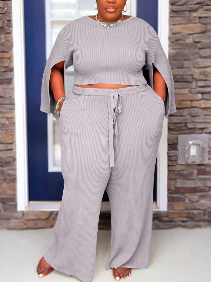 

LW Plus Size Rib-Knit Slit Pants Set, Grey