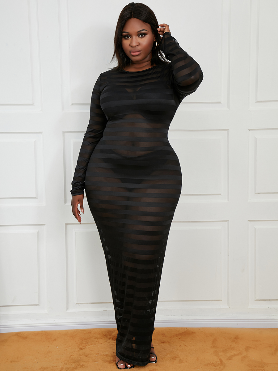 

LW SXY Plus Size Round Neck See-through Bodycon Dress, Black