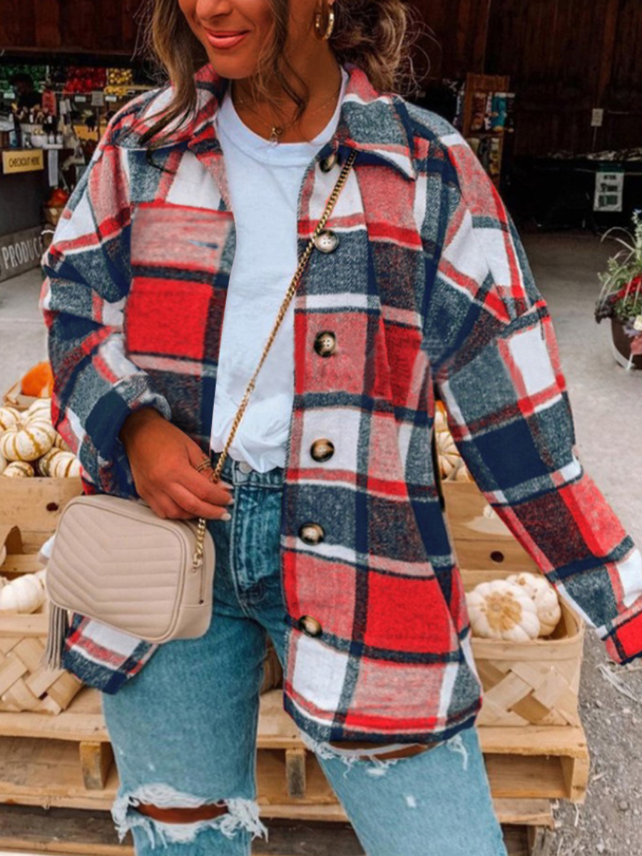 

LW Plus Size Plaid Print Loose Coat, Red