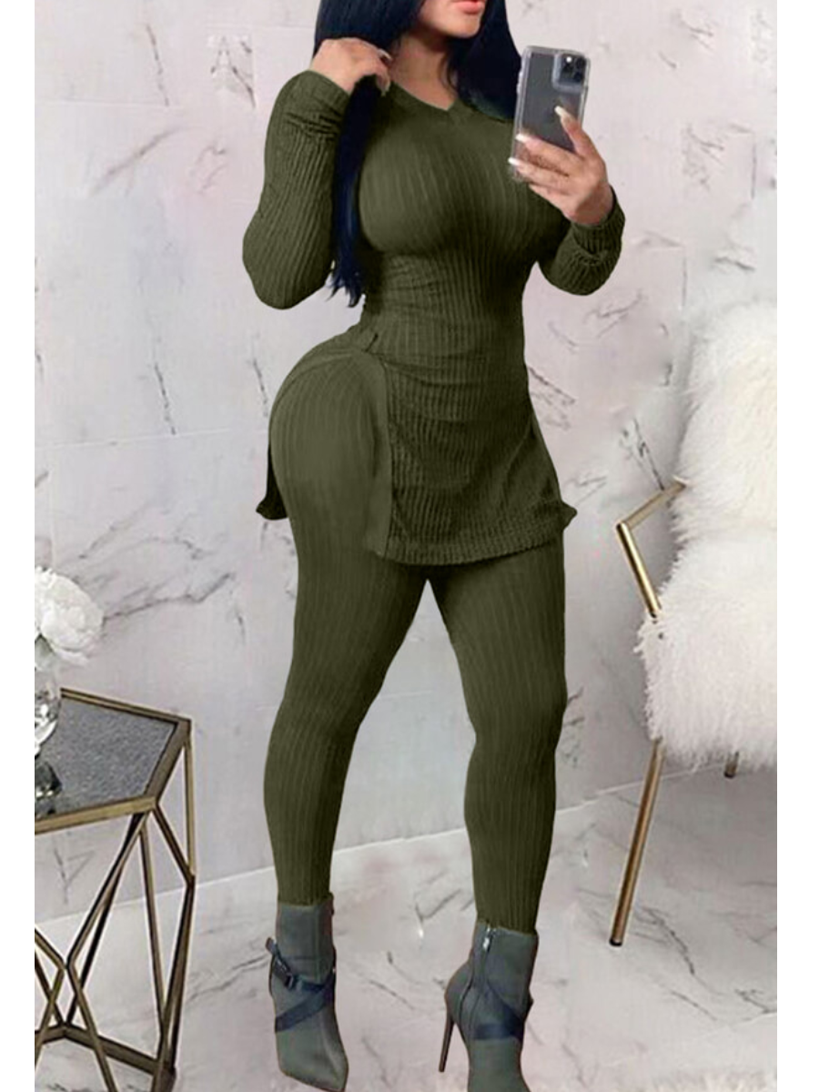 

LW Casual V Neck Basic Green Two-piece Pants Set