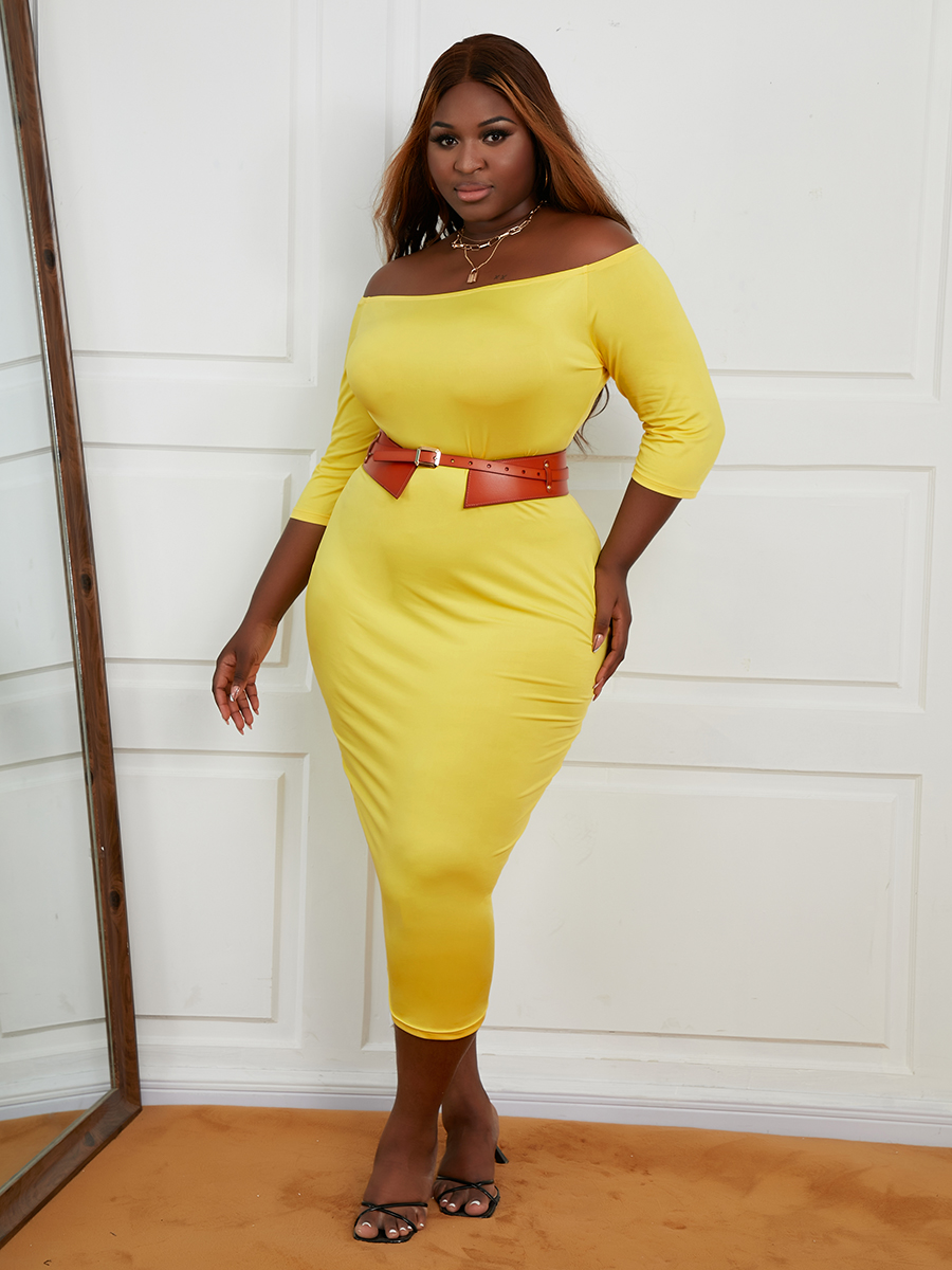 

LW BASICS Plus Size Off The Shoulder Bodycon Dress (Without Belt), Yellow