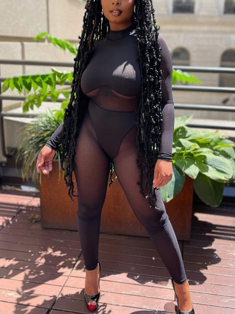 

LW SXY Round Neck See-through Jumpsuit, Black