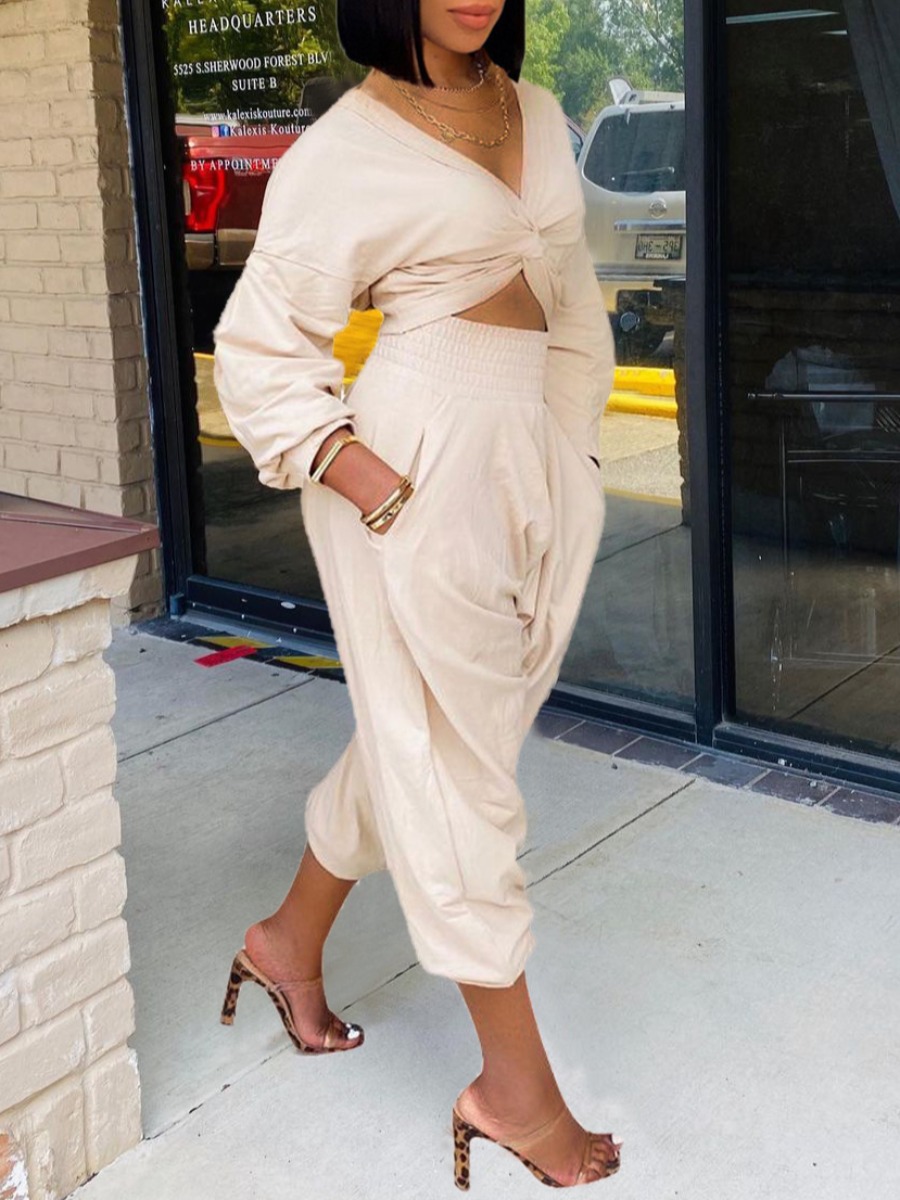 

LW Front Twist Wide Leg Pants Set, Beige