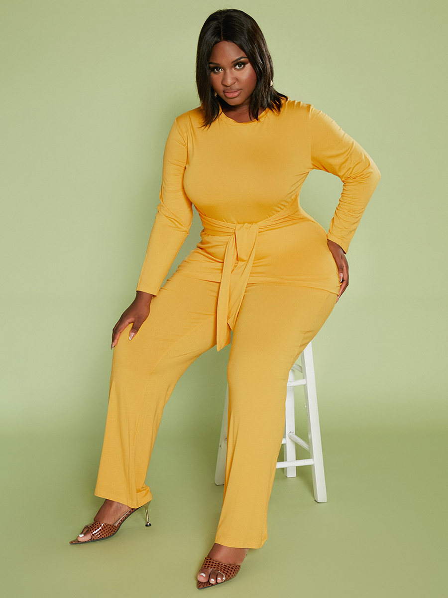 

LW Plus Size Round Neck Bandage Design Pants Set, Yellow