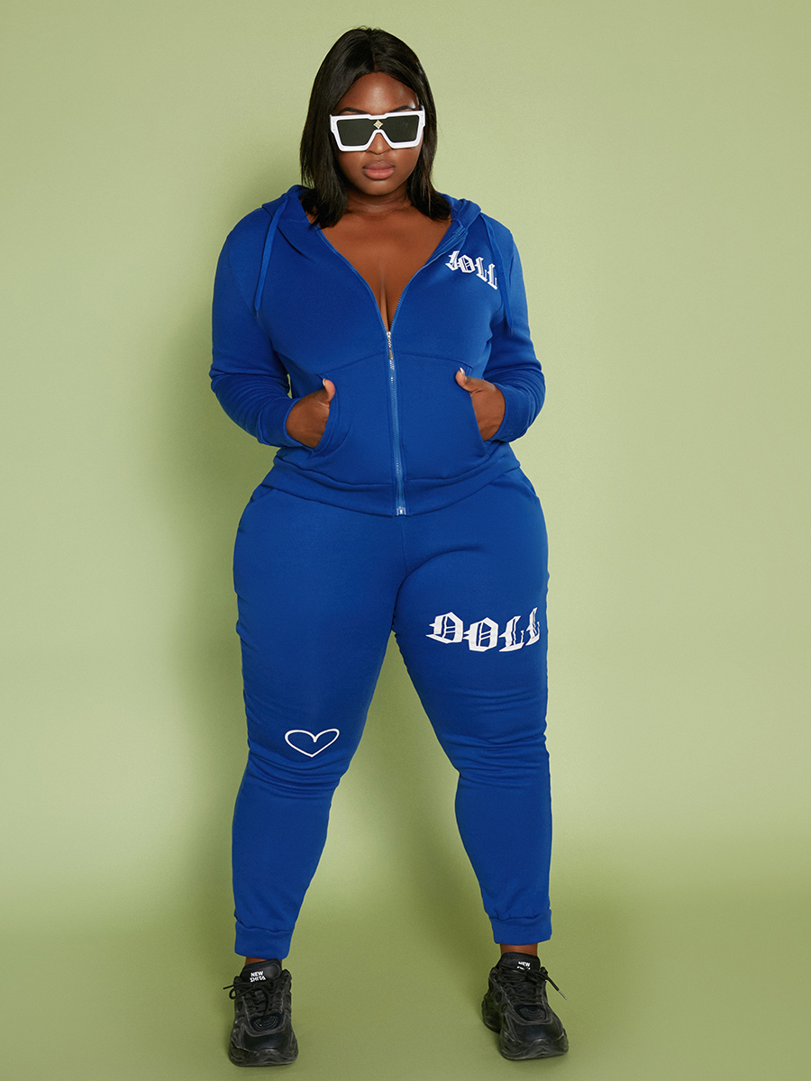 

LW Plus Size Heart Letter Print Tracksuit Set, Blue