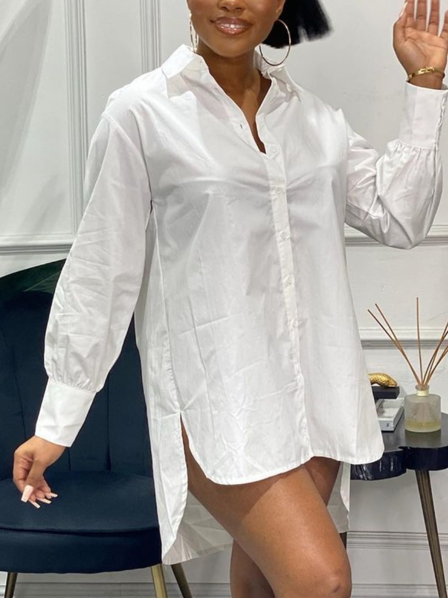 

LW Turndown Collar Slit Shirt Dress, White