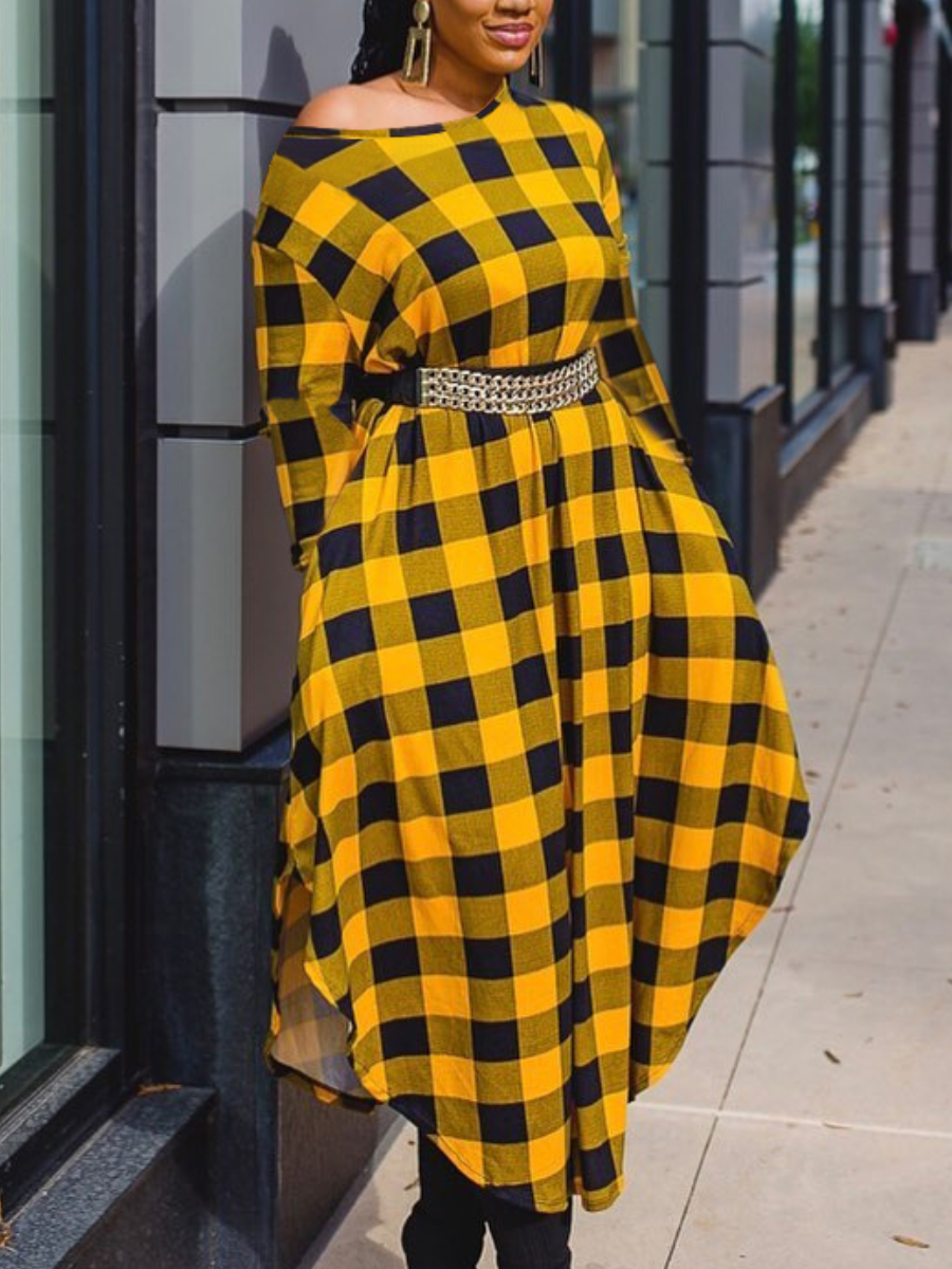 

LW Plaid Print Pocket Design Dress (Without Waist Chain), Yellow