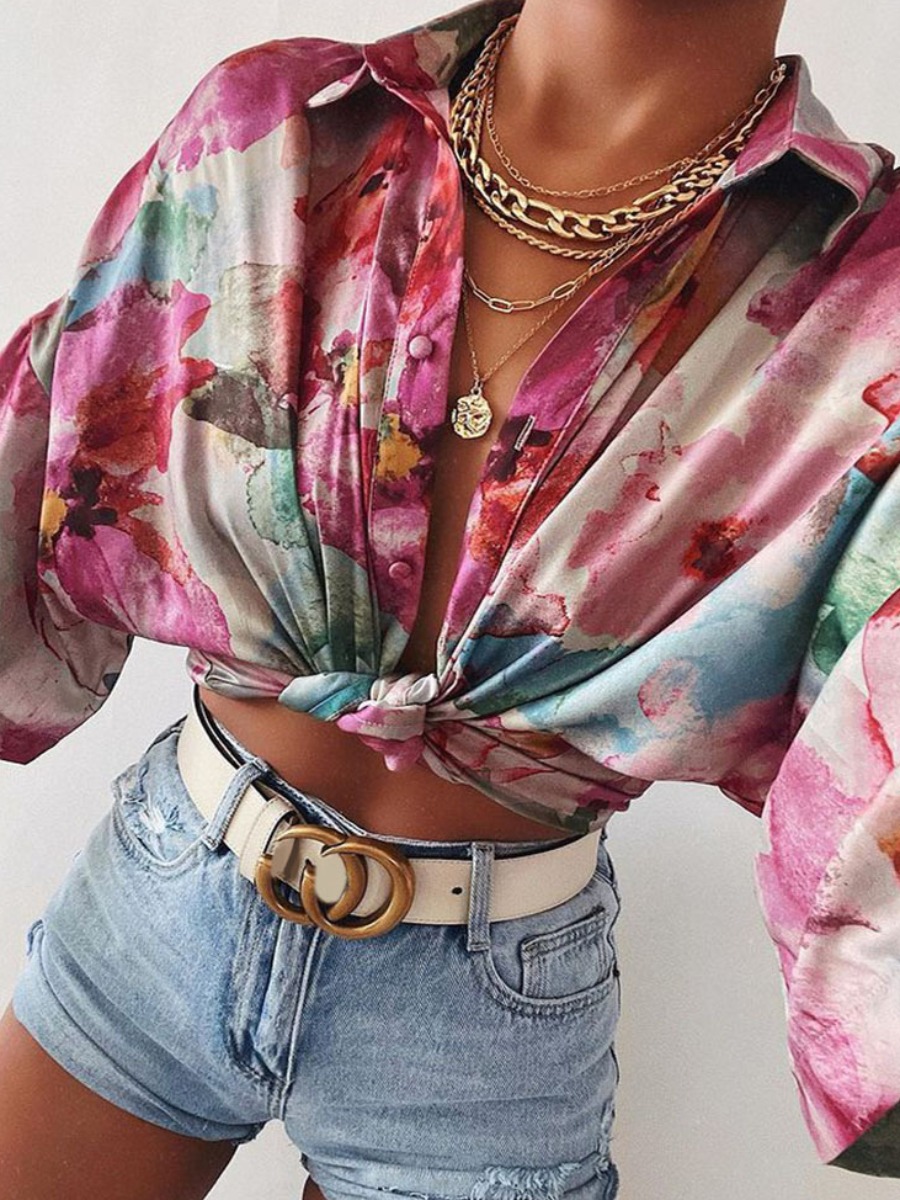

LW BASICS Turndown Collar Tie-dye Loose Blouse, Purple