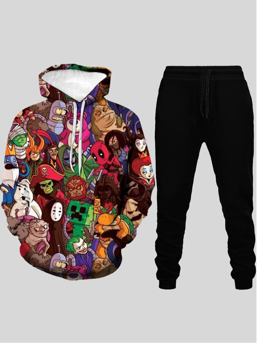 

LW Men Cartoon Print Drawstring Sweatsuit Set, Black