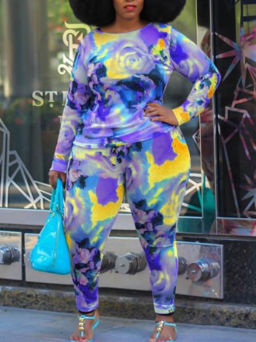 

LW Plus Size Round Neck Tie-dye Pants Set, Blue