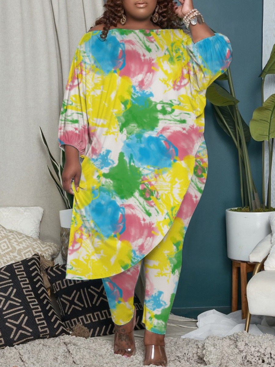 

LW Plus Size Tie-dye Asymmetrical Pants Set, Yellow