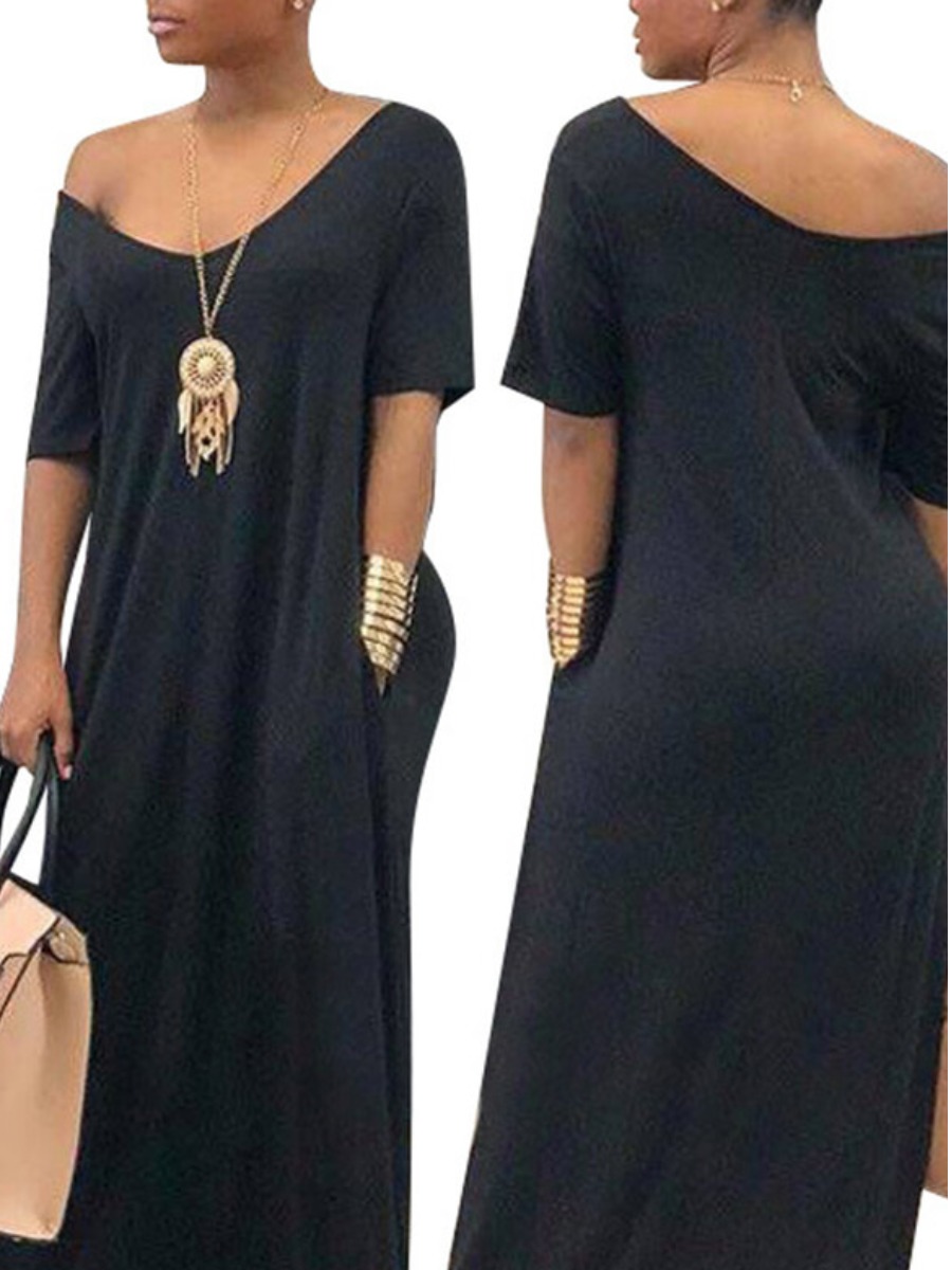 

LW V Neck Pocket Design Loose Dress, Black