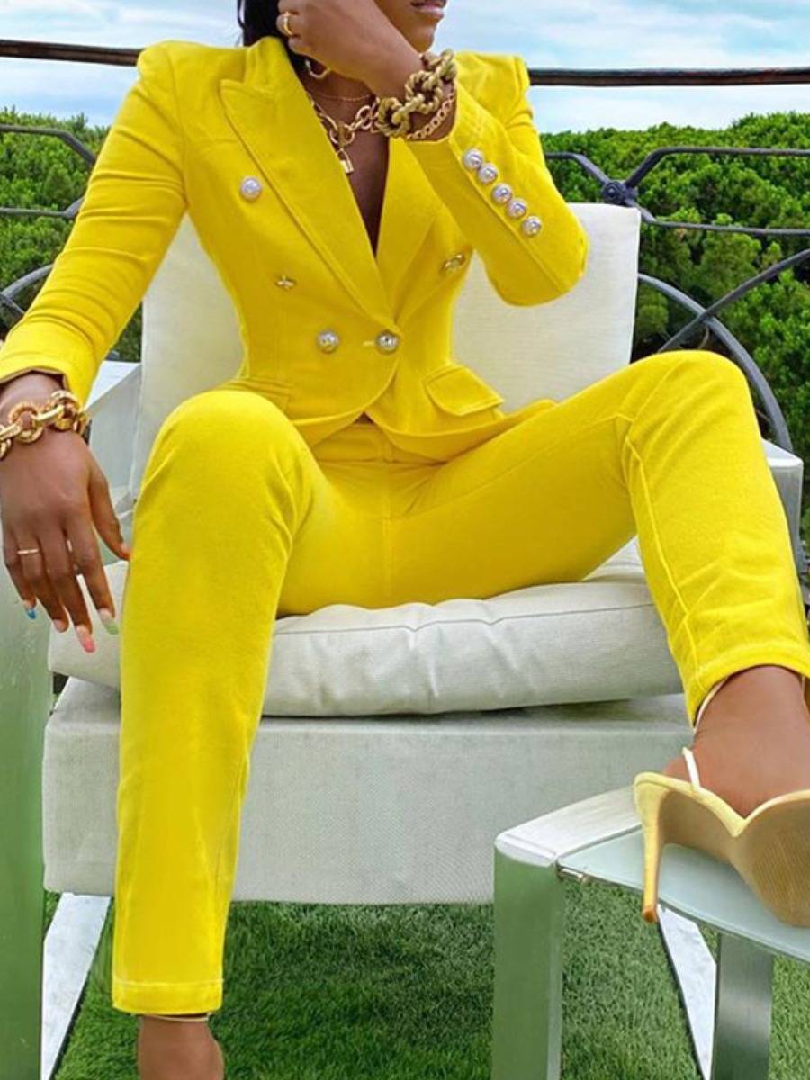 

LW Button Pocket Design Blazer Pant Set, Yellow