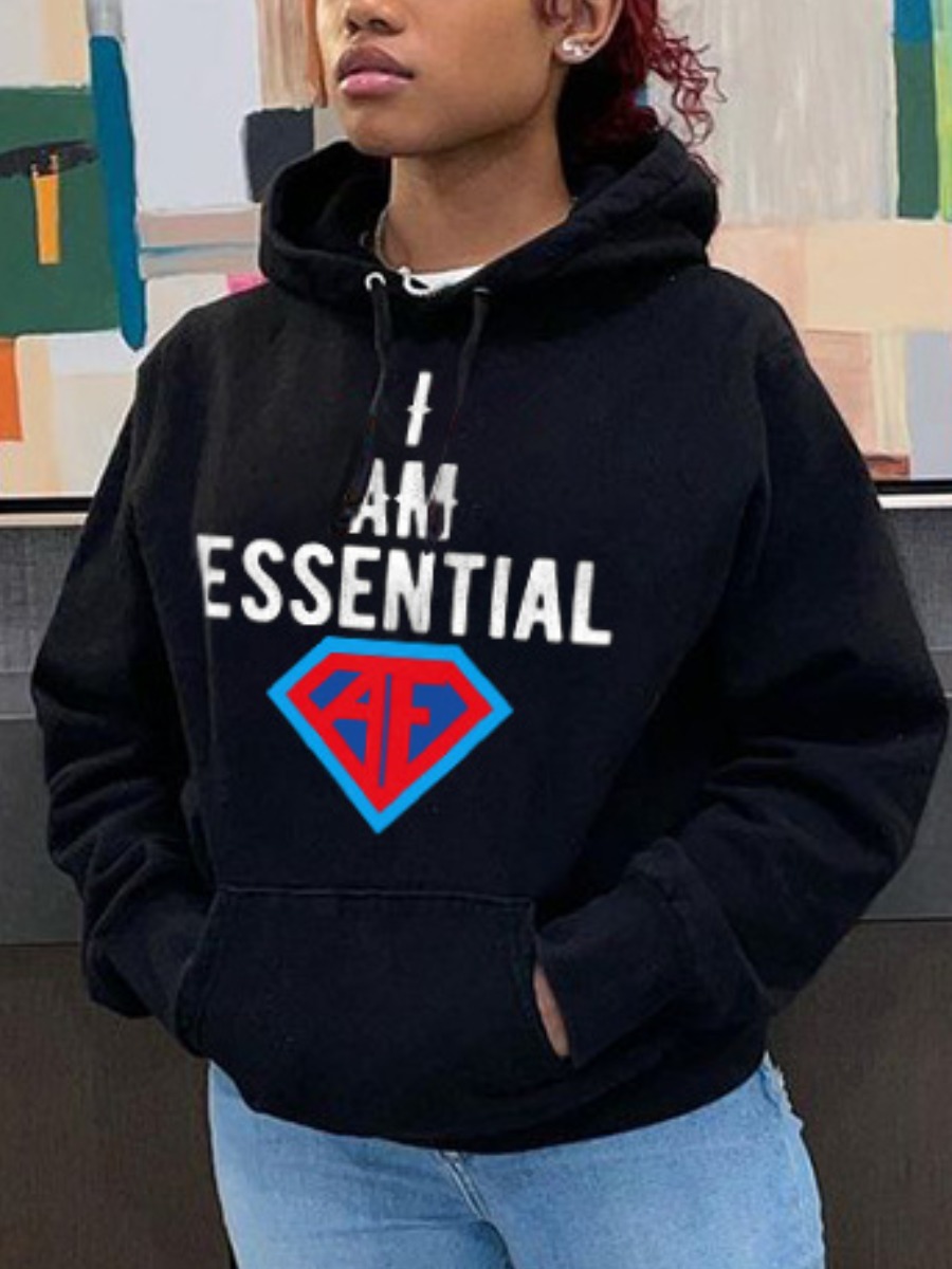 

LW BASICS Letter Print Kangaroo Pocket Hoodie, Black