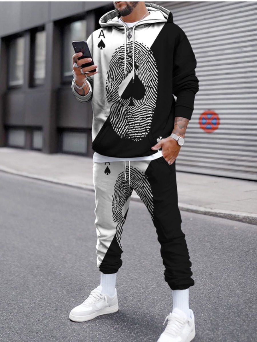 

LW Men Poker Print Patchwork Tracksuit Set, Black and white