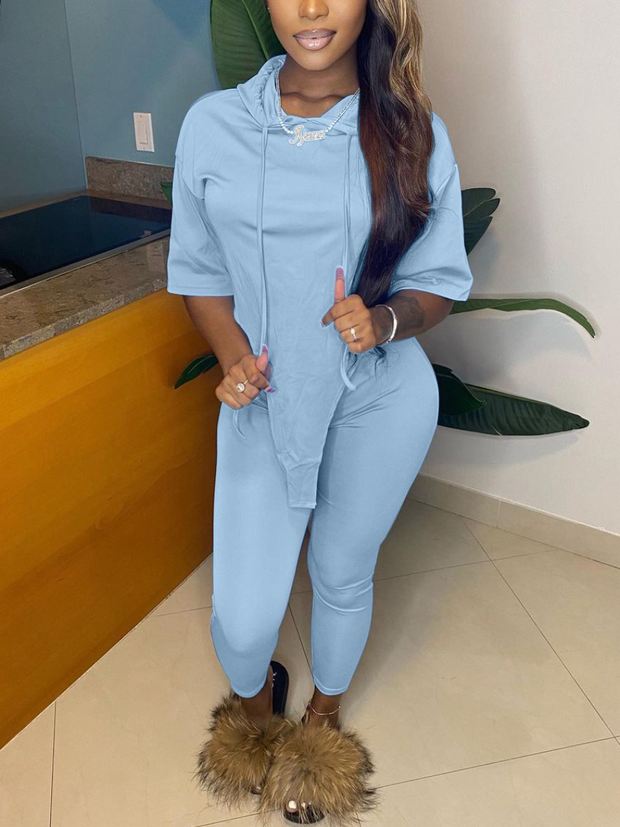 

LW Hooded Collar Asymmetrical Tracksuit Set, Blue