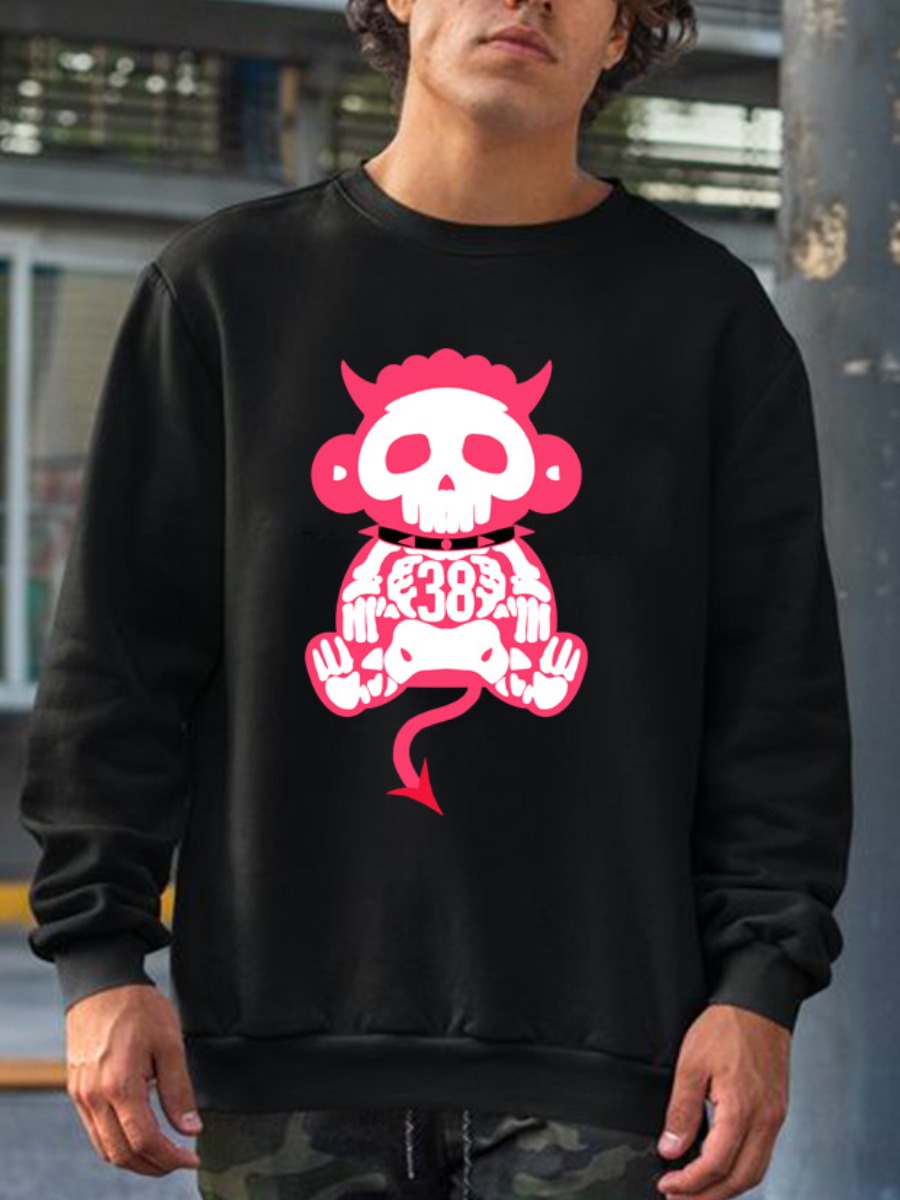 

LW Men Round Neck Cartoon Print Sweatshirt, Black