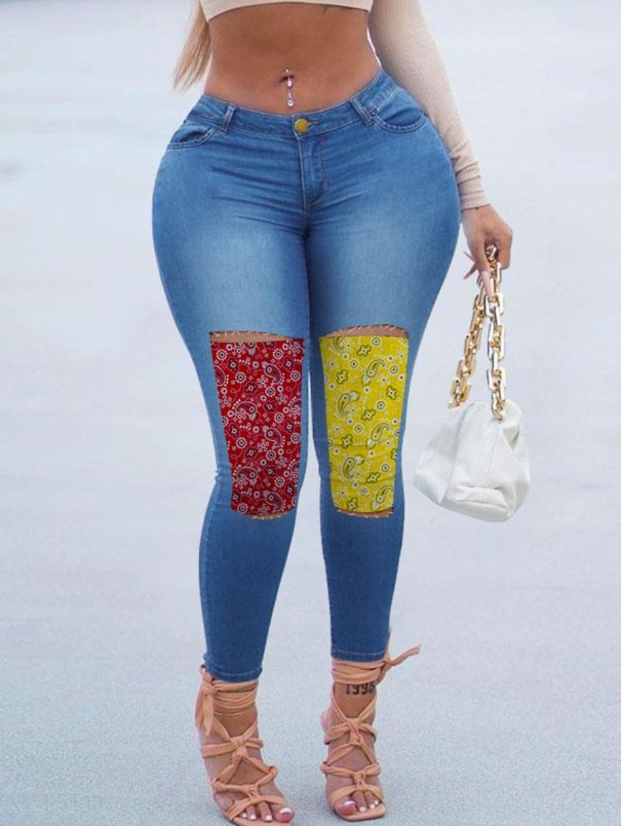 

LW High Stretchy Cashew Print Ripped Jeans, Blue