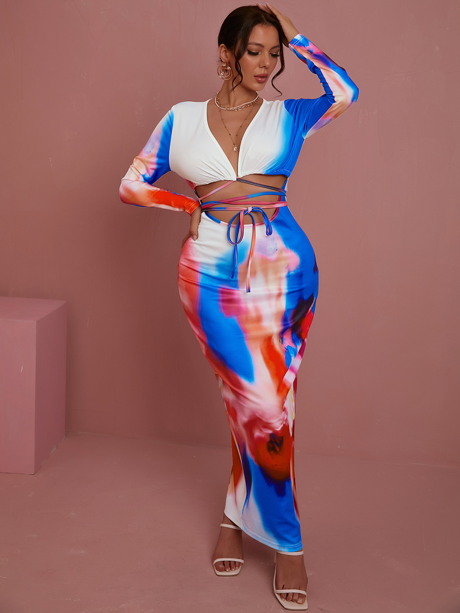 

LW SXY Tie-dye Bandage Hollow-out Design Dress, Blue