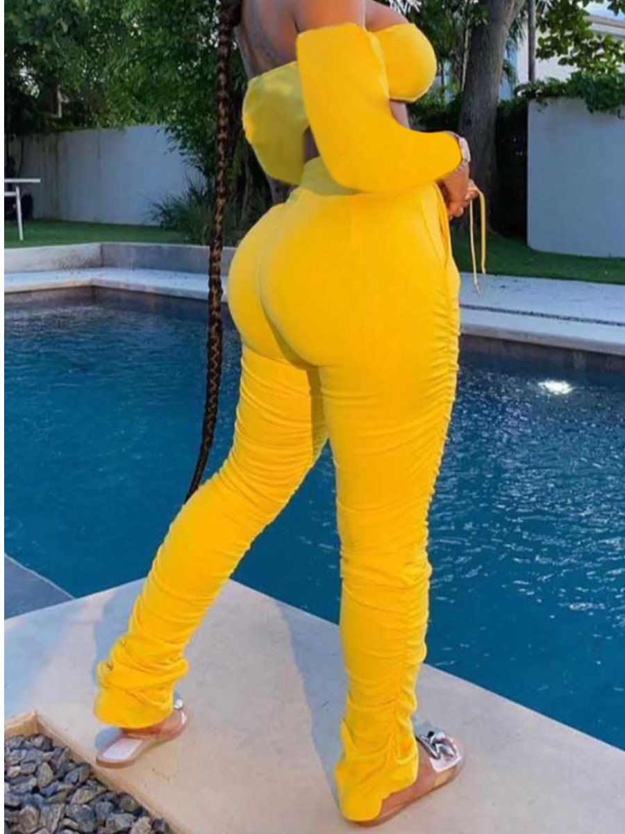 

LW Stylish Dew Shoulder Fold Design Yellow Two Piece Pants Set