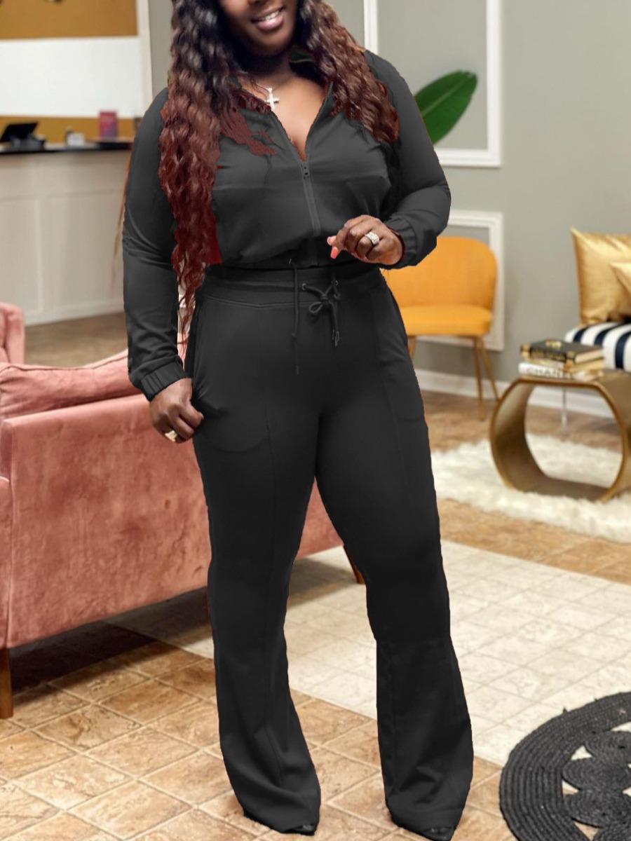 

LW Plus Size Drawstring Flared Tracksuit Set, Black
