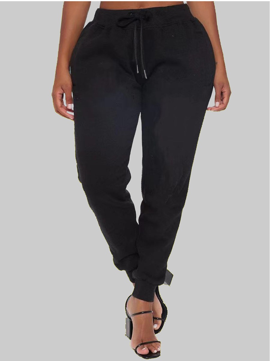

LW BASIC Plus Size Mid Waist Drawstring Pants, Black