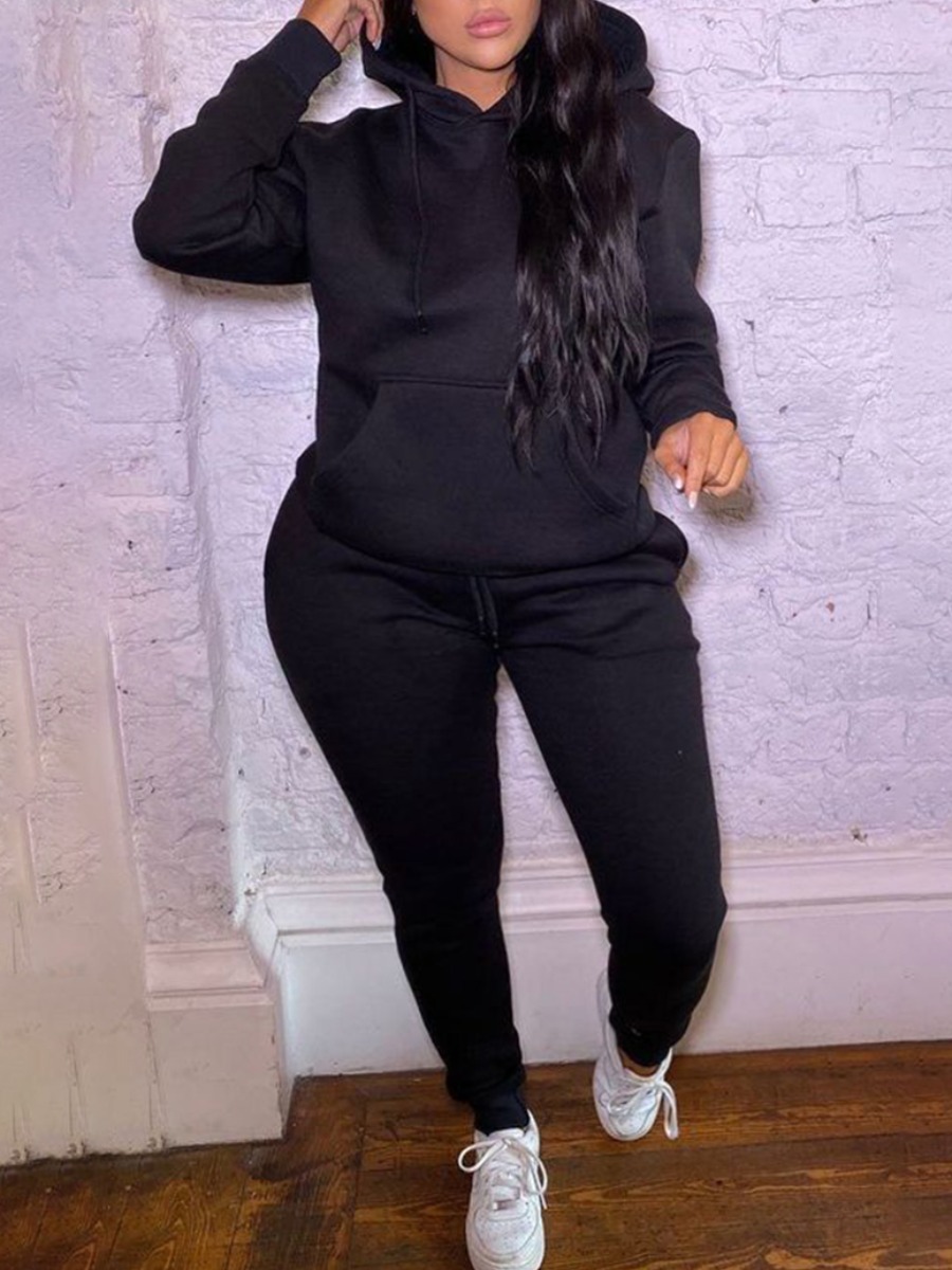 

LW BASIC Plus Size Kangaroo Pocket Drawstring Tracksuit Set, Black