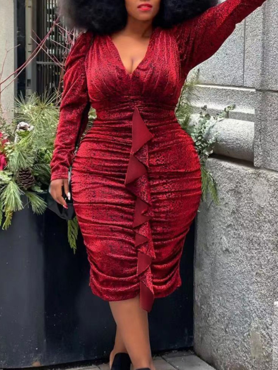 

LW Plus Size Ruched Flounce Design Bodycon Dress, Wine red